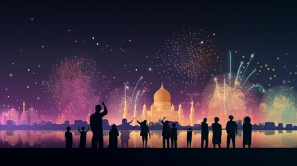 Fototapeta na wymiar Panorama Detaild Illustration of People Watching Starburst And Fireworks On City Moque, Generative Ai