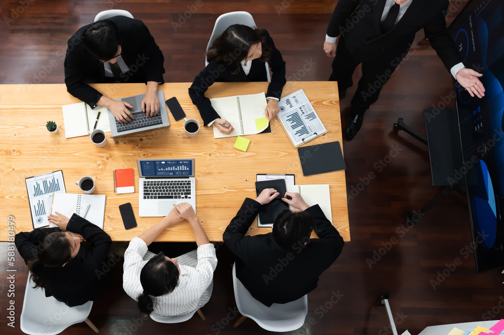 Poster top view manager or office worker give presentation in harmony conference room to business colleague