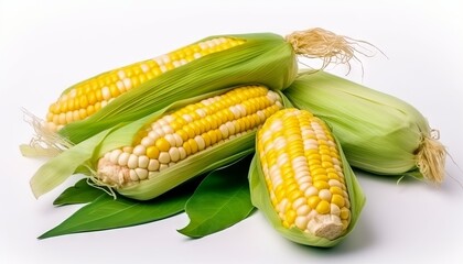 Fresh corn fruits with green leaves isolated on white background. Generative ai