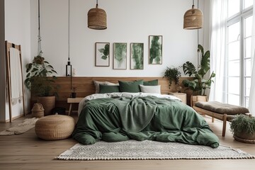 cozy bedroom with a king-sized bed and green bedding. Generative AI