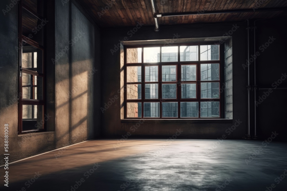 Aufkleber illustration of an empty room with a window and some plants on the windowsill. generative ai