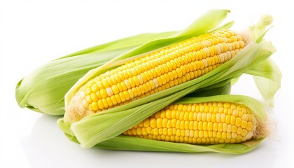 Fresh corn fruits with green leaves isolated on white background. Generative ai
