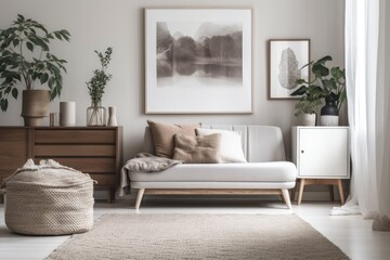 bright and airy living room with a white sofa and green plants. Generative AI