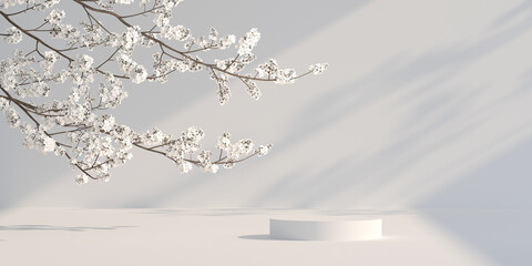 3d podium white nature light cherry blossom background. 3d japanese background for product presentation. 3d rendering illustration.