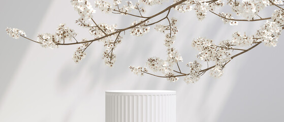 japanese style background. 3d podium white sakura for product presentation. 3d rendering illustration