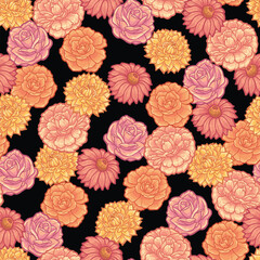 Summer Flowers on Black Seamless Vector Repeat Pattern