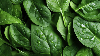 Fototapeta na wymiar spinach leaves stacked over each other, there are water droplets on the leaves