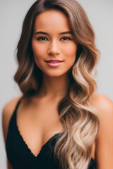 Naklejka premium A woman with long wavy hair stands in front of a white background Generative AI
