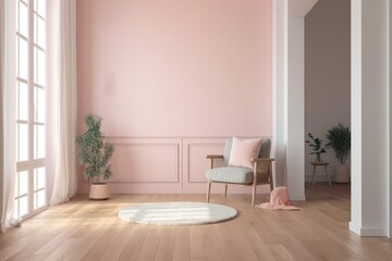 Minimalist empty room with pink walls and armchair on wooden parquet mockup , Generative AI