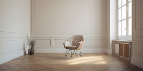 A neutral beige palette dominates the room, with walls and a wooden parquet floor creating a warm atmosphere. An armchair sits in the corner, Generative AI