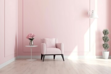 Simple pink room with wooden parquet floor and pink wall featuring armchair mockup, Generative AI