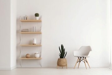 An empty wall mockup, along with a chair, shelf with books, and plant in a vase in a clean white living room, Generative AI