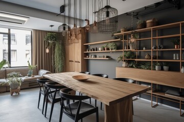 modern dining room with a sleek wooden table and black chairs. Generative AI