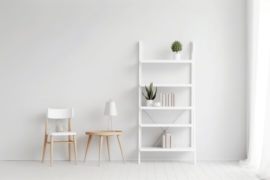 An empty wall mockup is featured in a clean white living room along with a chair, a shelf with books, and a plant in a vase, Generative AI
