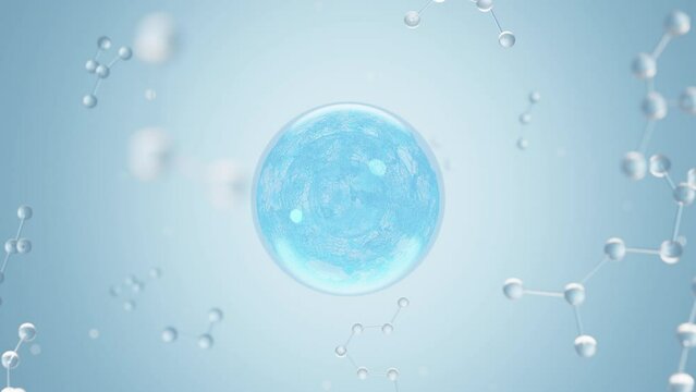 3D animation of transparent blue liquid bubbles merging, created a large bubble of essence. Many white molecules floating around on blue background