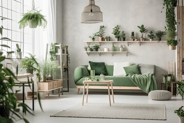vibrant green indoor garden in a stylish living room. Generative AI