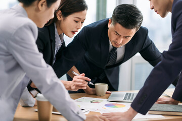 team of four asian corporate executives meeting in office discussing business performance