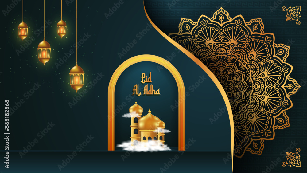 Wall mural Islamic greetings Ramadan Kareem card design background with lanterns and crescent moon