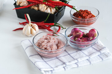 bumbu dasar, basic blended spices, typical of Indonesian traditional mix slices to make various...