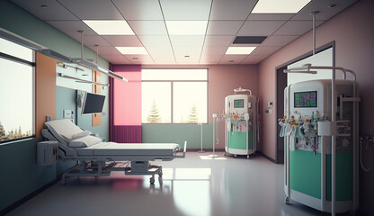 Interior of the empty emergency room in a modern clinic with hospital beds, Generative AI