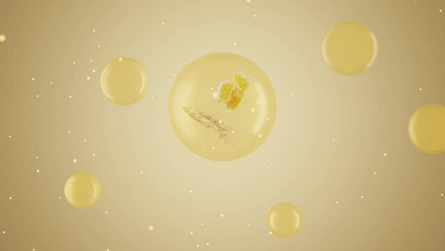 Many yellow bubbles of essential oil extracted from beeswax and ginseng are floating on beige background. Science or medical animation