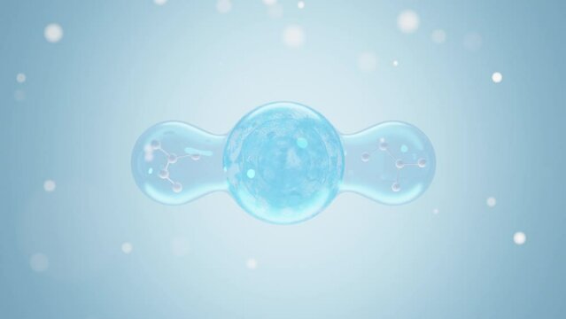 Transparent blue essence bubble containing molecule structures split into three parts. Floating on light blue background. 3D illustration
