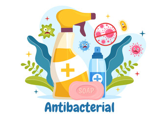 Antibacterial Illustration with Washing Hands, Virus Infection and Microbes Bacterias Control in Hygiene Healthcare Flat Cartoon Hand Drawn Templates