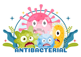 Antibacterial Illustration with Washing Hands, Virus Infection and Microbes Bacterias Control in Hygiene Healthcare Flat Cartoon Hand Drawn Templates