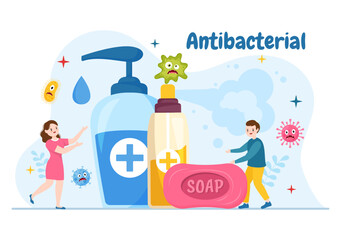 Antibacterial Illustration with Washing Hands, Virus Infection and Microbes Bacterias Control in Hygiene Healthcare Flat Cartoon Hand Drawn Templates