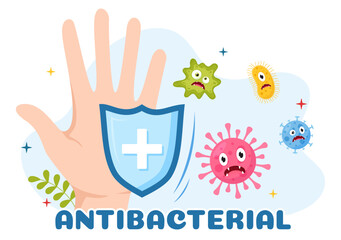 Antibacterial Illustration with Washing Hands, Virus Infection and Microbes Bacterias Control in Hygiene Healthcare Flat Cartoon Hand Drawn Templates
