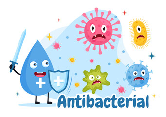 Antibacterial Illustration with Washing Hands, Virus Infection and Microbes Bacterias Control in Hygiene Healthcare Flat Cartoon Hand Drawn Templates