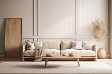 cozy living room with a comfortable couch and a coffee table. Generative AI