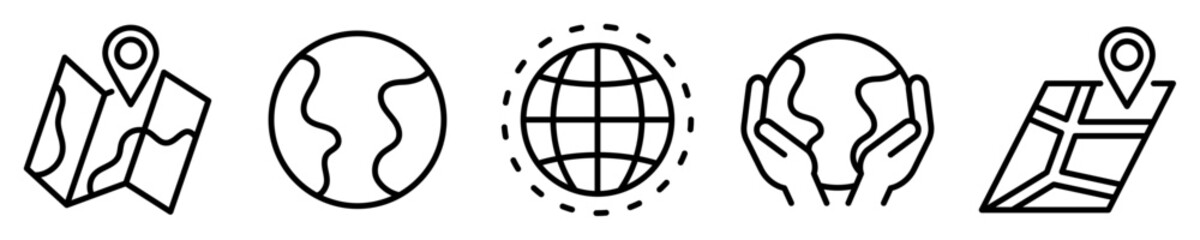Fototapeta Conjunto de iconos mapa y mundo. Planeta tierra, conectividad global, ubicación en el mapa, gps. Concepto de navegación. Ilustración vectorial obraz