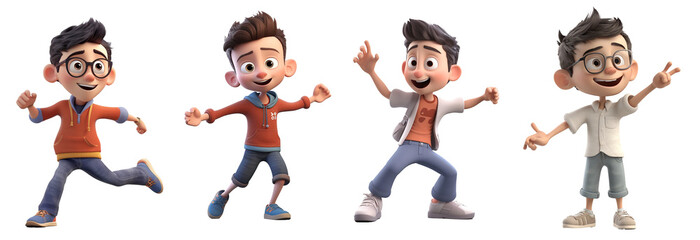 Group of 3D cartoon character cute student kids boy dancing, isolated on white and transparent background, ai generate - obrazy, fototapety, plakaty