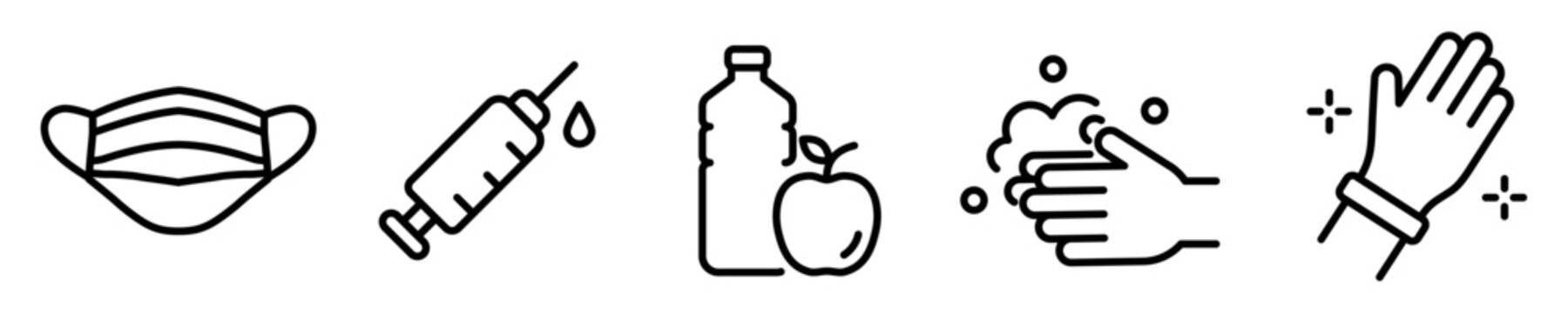 Conjunto de iconos de m&eacute;todos de prevenci&oacute;n de enfermedades. Mascarilla, vacunaci&oacute;n, alimentaci&oacute;n saludable, aseo persona, guantes de protecci&oacute;n. Ilustraci&oacute;n vectorial