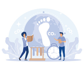 Carbon footprint effect analysis, environmental pollution with CO2,  people analyze impact of greenhouse gas on environment, flat vector modern illustration 