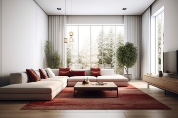 Obraz na płótnie Canvas cozy living room with modern furniture and entertainment center. Generative AI
