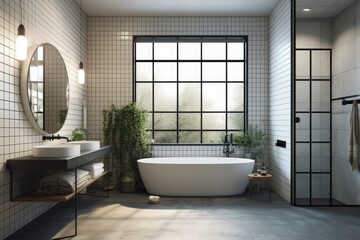 Naklejka na ściany i meble white bathtub placed beside a window with a view. Generative AI