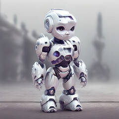 Fototapeta premium Cute Baby Boy Robot Cyborg Sci-Fi White Armor Generative AI illustration