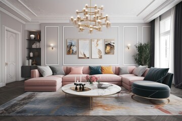 classic living room with elegant furniture and a sparkling chandelier. Generative AI
