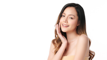 Fototapeta premium Beautiful young asian woman with clean fresh skin on white background, Face care, Facial treatment, Cosmetology, beauty and spa, Asian women portrait.