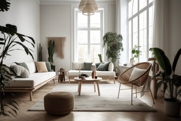 cozy living room with lots of furniture and plants. Generative AI