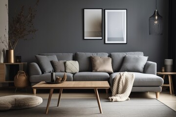 modern living room with a gray sofa and a wooden coffee table. Generative AI