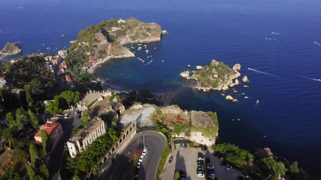 Drone view of Isola Bella near Taormina, Catania, Sicily Island, Italy.
