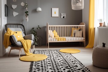 cozy and stylish baby's room in yellow and gray colors. Generative AI