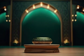 Green and gold islamic ramadan podium stage for product display background ai generated