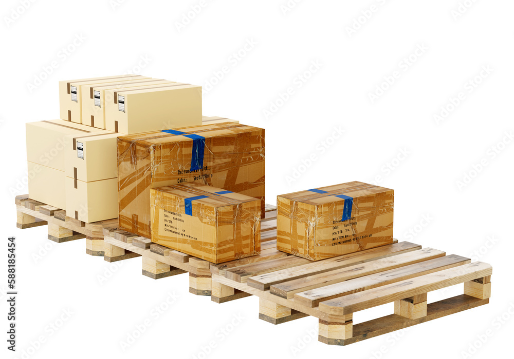 Poster boxes on pallets. cardboard parcels isolated on white. pallets with boxes for delivery. package with