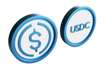 USDc coins. Blue chips with dollar sign. USDc stablecoin. USD coins isolated on white. Dollars for electronic payments. USDc is stable cryptocurrency. USD blockchain. Digital money. 3d image