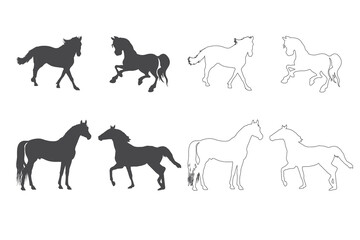 Horse Silhouette Vector Art Design, riding up horse fine vector silhouette and outline - graceful black stallions 
