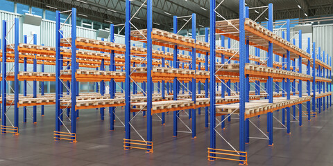 Warehouse interior. Empty shelving in hangar. Metal shelves with pallets. Warehouse furniture. Concept of selling equipment for warehouse. Rent of storage premises. Vault without anyone. 3d image